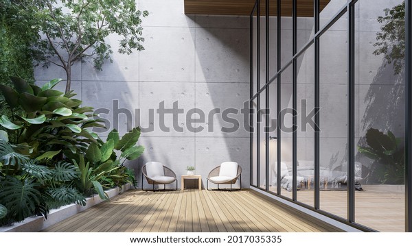 Wooden terrace\
between glass wall and green garden 3d render,decorate with\
tropical style tree,sunlight on the\
wall