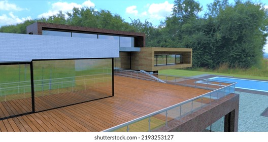 Wooden Terrace Of A Luxurious Country House With A Swimming Pool. Fencing Made Of Glass Panels And Metal Fasteners. Thick Bushes Around The Villa. 3d Render.