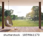 Wooden terrace with morning garden view 3d render, There are wooden floor,Decorate with rattan egg shaped chair,looking out over the large lawn.