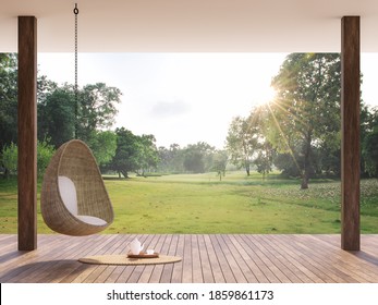 Деревянная терраса с утренним видом на сад 3d рендер, Есть деревянный пол, Украсить стулом в форме яйца из ротанга, с видом на большой газон.
