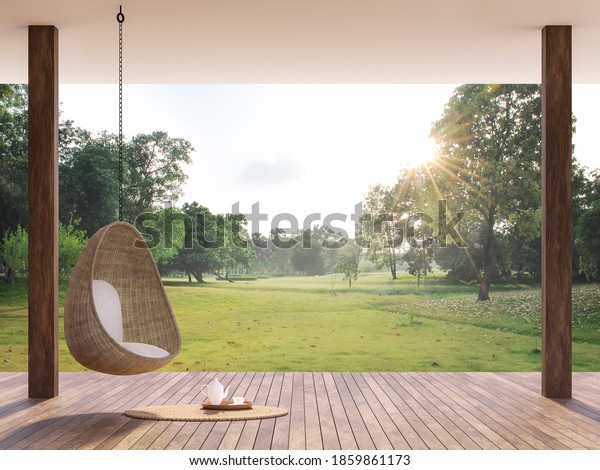 Wooden terrace with morning garden view 3d\
render, There are wooden floor,Decorate with rattan egg shaped\
chair,looking out over the large\
lawn.
