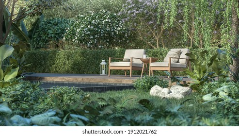 Wooden terrace in the tropical garden 3d render, There are a wooden floor , green plant fence,Decorated with wood and white fabric chair,Surrounded by nature.