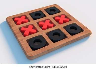 Wooden tic tac toe game on white blurred background. Red crosses and black noughts. 3D Illustration