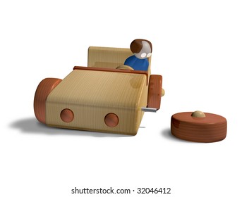 Wooden, Toy Car With A Broken Wheel.