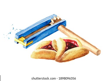 Wooden Traditional Toy Gragger Grogger Noise Maker And Traditional Jewish Cookies Hamantaschen For Purim Holiday. Hand Drawn Watercolor Illustration Isolated On White Background