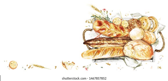 Wooden Tray with Bred. Watercolor Illustration - Powered by Shutterstock