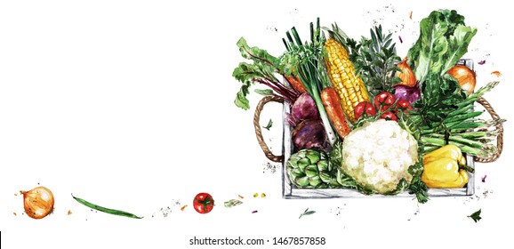 Wooden Tray with Vegetables. Watercolor Illustration - Powered by Shutterstock