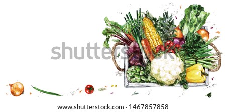 Wooden Tray with Vegetables. Watercolor Illustration