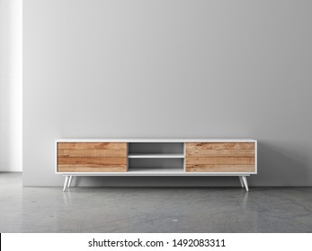 Wooden Tv Console Mockup In Empty Living Room, 3d Rendering