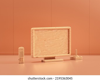 Wooden Tv, Remote Control And A Joystick In Single Color Interior Room, 3d Rendering, No People