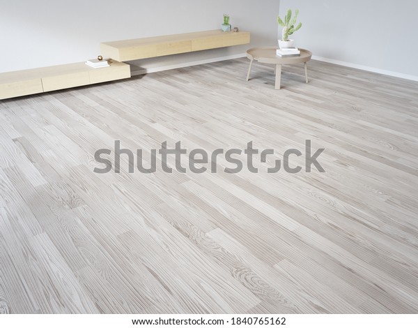 Wooden TV stand near\
white wall of bright living room and coffee table against cabinet\
in modern house or apartment. Home interior 3d rendering with empty\
parquet floor.