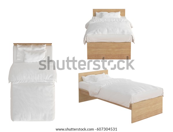 Wooden twin size single bed with white linen\
isolated on white background. 3d\
render