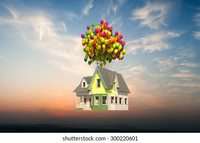 wooden victorian house flying up isolated on white background