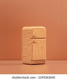 Wooden Vintage Refrigerator In Single Color Kitchen, 3d Rendering, No People