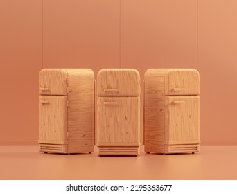 Wooden Vintage Refrigerators In Single Color Kitchen, 3d Rendering, No People