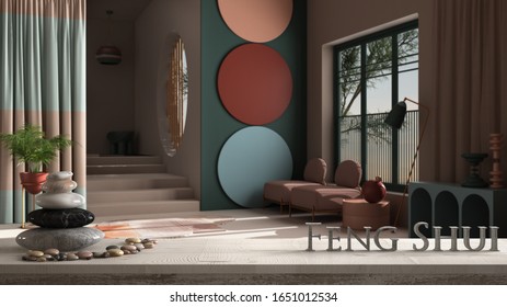 Wooden vintage table shelf with pebble balance and 3d letters making the word feng shui over pastel colors and abstract objects for classic living room, zen concept interior design, 3d illustration