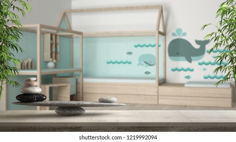 Wooden Vintage Table Or Shelf With Stone Balance, Over Blurred Minimalistic Child Bedroom With Single Bed, Feng Shui, Zen Concept Architecture Interior Design, 3d Illustration