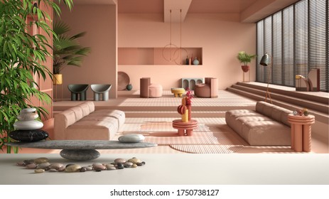 Wooden vintage table or shelf with stone balance, over colored contemporary living room, pastel rosy colors, sofa, feng shui, zen concept architecture interior design, 3d illustration