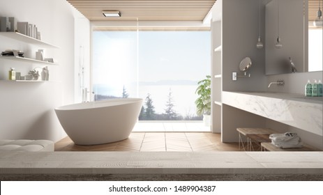 Wooden vintage table top or shelf closeup, zen mood, over minimal luxuty bathroom with panoramic window, shower and bathtub, white architecture interior design, 3d illustration