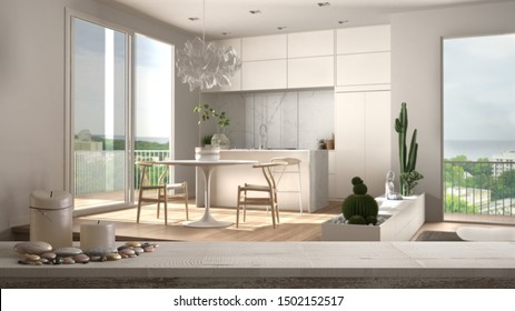 Wooden Vintage Table Top Or Shelf With Candles And Pebbles, Zen Mood, Over Scandinavian Minimalist Kitchen With Big Panoramic Window, White Architecture Interior Design, 3d Illustration