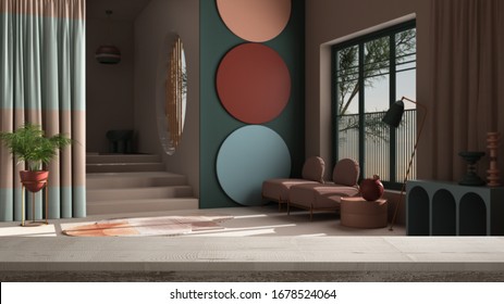 Wooden Vintage Table Top Or Shelf Closeup, Zen Mood, Over Pastel Colors And Metaphysical Abstract Objects For Living Room In Classic Space, Architecture Interior Design, 3d Illustration