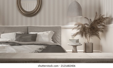 Wooden vintage table top or shelf closeup, zen mood, over classic minimalist bedroom room with striped wallpaper and woodwork, white architecture interior design, 3d illustration