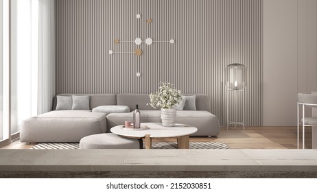 Wooden vintage table top or shelf closeup, zen mood, over classic minimalist living room in beige tones with velvet sofa, table and pouf, modern architecture interior design, 3d illustration