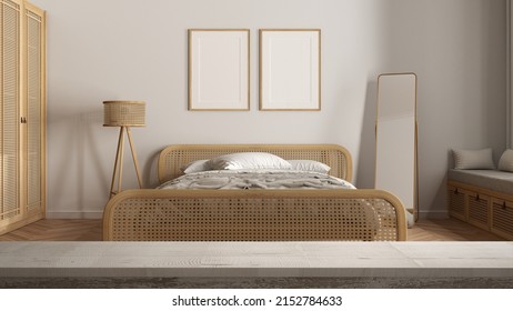 Wooden Vintage Table Top Or Shelf Closeup, Zen Mood, Over Classic Minimalist Bedroom In Beige Tones With Rattan Bed, Frame Mockup, Modern Architecture Interior Design, 3d Illustration