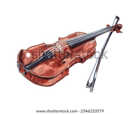 Wooden Violin with Bow - Music Instrument - High-Resolution Hand-Drawn Watercolor Illustration