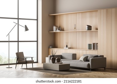 Wooden wall closet in villa living room design interior, modern furniture, hardwood flooring, huge couch, armchair. Concept of relax. 3d rendering