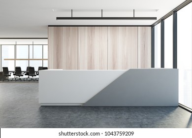 Wooden wall office interior with a white and gray reception table and an open space area. 3d rendering mock up