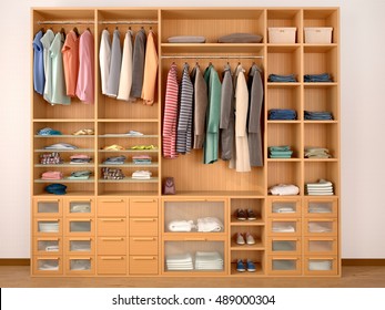 Wooden Wardrobe Closet Full Of Different Things. 3d Illustration