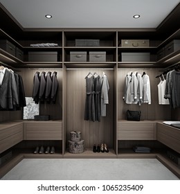 Wooden Wardrobe With Clothes Hanging 3D Render