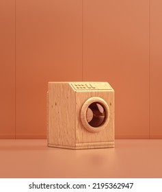Wooden Washing Machine In Monochrome Room, 3d Rendering, No People
