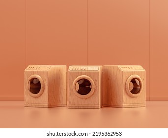 Wooden Washing Machines In Monochrome Room, 3d Rendering, No People