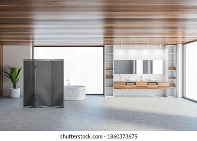 Wooden White Bathroom With White Bathtub And Two Sinks With Large Mirror, A Plant And Big Window, Open Space Bathroom With Black Panel Wooden Screen In Flat 3D Rendering, No People