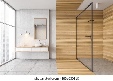 Wooden And White Bathroom With Sink, Mirror And Lamps, Shower With Glass Doors, Front View. Minimalist Design Of Modern Bathroom With Tiled Floor 3D Rendering, No People