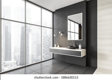 Wooden And White Bathroom With Sink, Mirror And Window With City, Side View. Minimalist Design Of Modern Bathroom With Tiled Floor 3D Rendering, No People