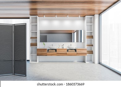 Wooden White Bathroom With Two White Sinks, Big Wooden Shelf And Large Mirror Near Big Window. Open Space Bathroom With Black Panel Wooden Screen In Flat 3D Rendering, No People