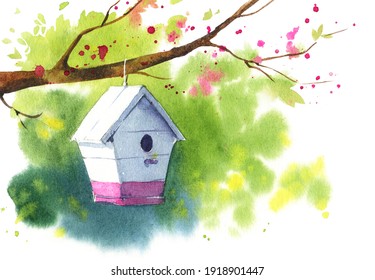 Wooden white birdhouse on a blooming tree branch, spring watercolor illustration