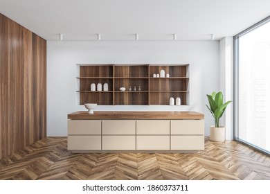 Wooden White Hall With House Bar Counter And Dishes On The Shelves, Plant In The Corner Near Big Window. Wooden Design Of Small Counter Desk In The Apartment, No People 3D Rendering