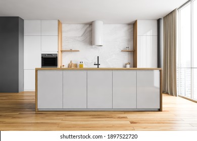 Wooden And White Minimalist Kitchen Set And Cutting Table With Faucet, Near Window With Curtains. Kitchen Set With Stove And Hood, 3D Rendering No People