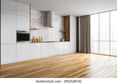 Wooden And White Minimalist Kitchen Set Near Window With Curtains, Side View, Kitchen Appliances On Table. Kitchen Set With Stove And Hood, 3D Rendering No People