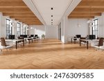 Wooden and white office interior with pc computers on desks in row, hardwood floor. Stylish workspace with corporate furniture. Panoramic window on New York skyscrapers. 3D rendering