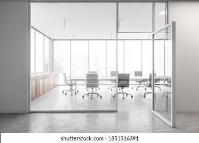 Wooden White Office Meeting Room With Glass Door Opened, Long Wooden Table With Black Chairs Inside. Light Wooden Design For Office Conference Room With No People, 3D Rendering