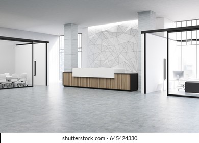 Wooden And White Reception Counter Of An Original Construction Is Standing In An Office Lobby With A Glass Wall Meeting Room. 3d Rendering