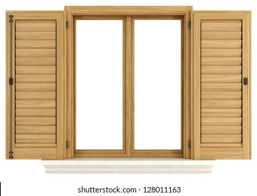 Wooden Window With Open Shutter Isolated On White - Rendering