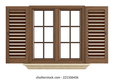 Wooden Window With Open Shutter Isolated On White - Rendering