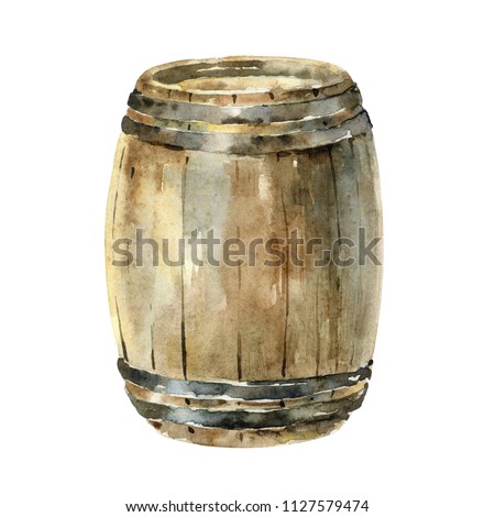 Wooden wine barrel isolated on white background. Watercolor illustration. Can be used for menu design and other projects
