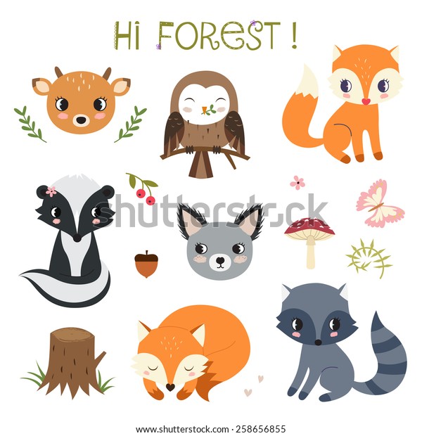 Woodland Animals Decor Elements Set Raster Stock Illustration 258656855